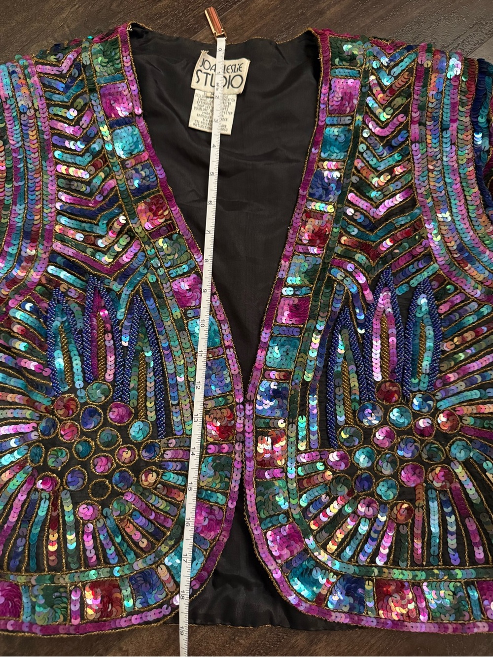 Vintage Joan Leslie Studio Silk Beaded Sequin Cropped Jacket Black Jewel Tone - Picture 9 of 13